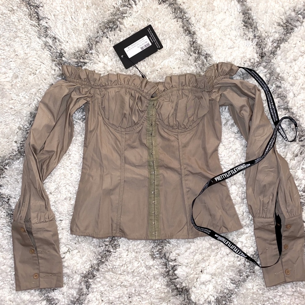Stone Woven Frill Bardot Hook And Eye Shirt